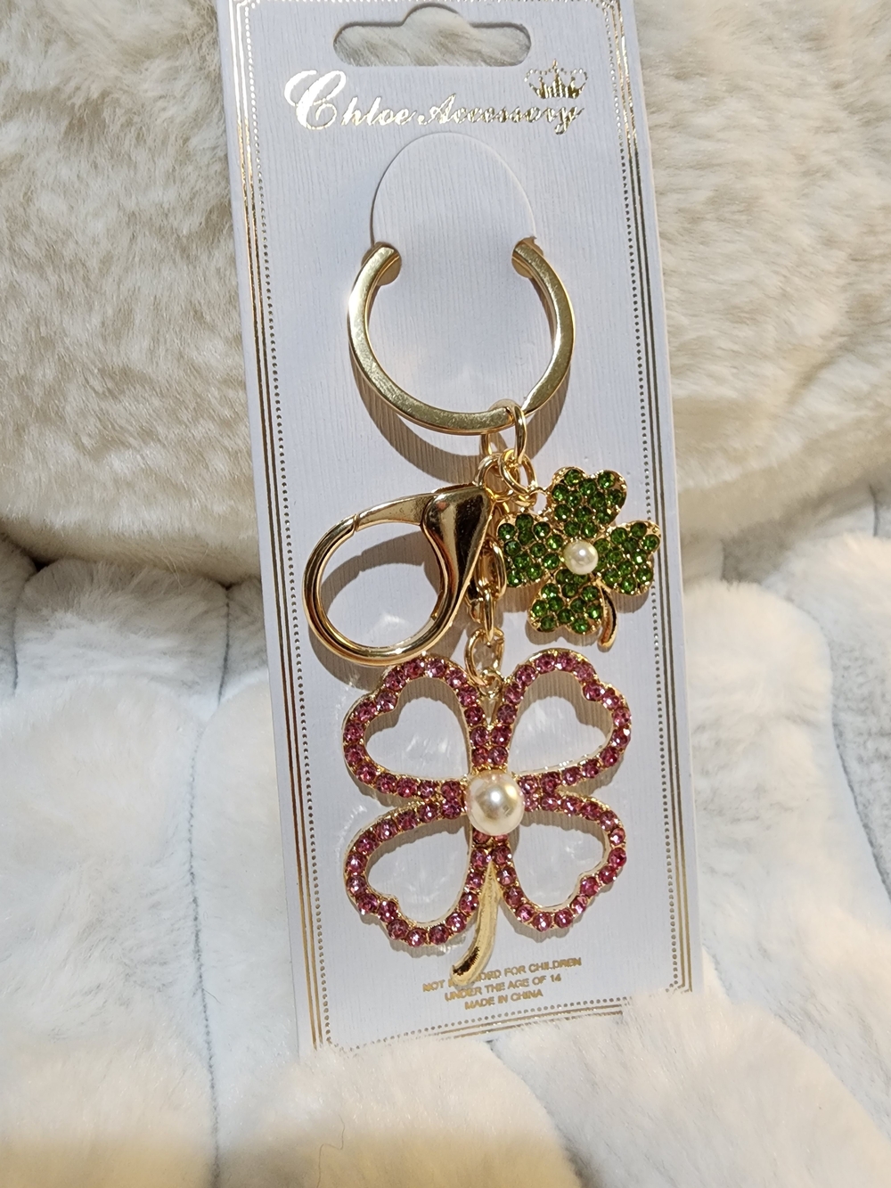 Pink & Green Crystal Clover Keychain